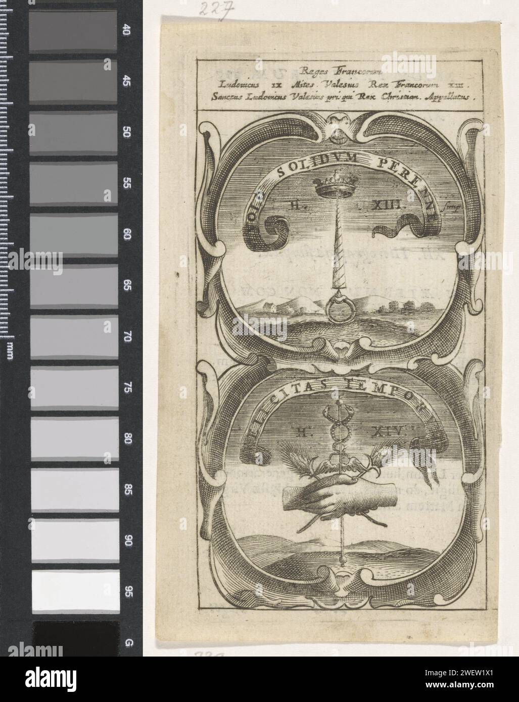 Sceptre formé à partir d'anneau, obélisque et couronne / mains effondrées avec des étals de grain et caducée, anonyme, d'après aegidius sadeler (II), 1666 imprimer un emblème avec deux représentations. Au-dessus d'un sceptre formé par un anneau avec un obélisque et une couronne. Sous deux mains jointes avec deux étals de grain et caduceus. Ce sont les avançons du roi Louis IX anneau de gravure sur papier / impression typographique. obélisque, aiguille. couronne (symbole de souveraineté). saisir quelqu'un par la main ou le poignet ; les mains serrées. épi de maïs. Caduceus (bâton avec deux serpents, attribut de Mercure) Banque D'Images