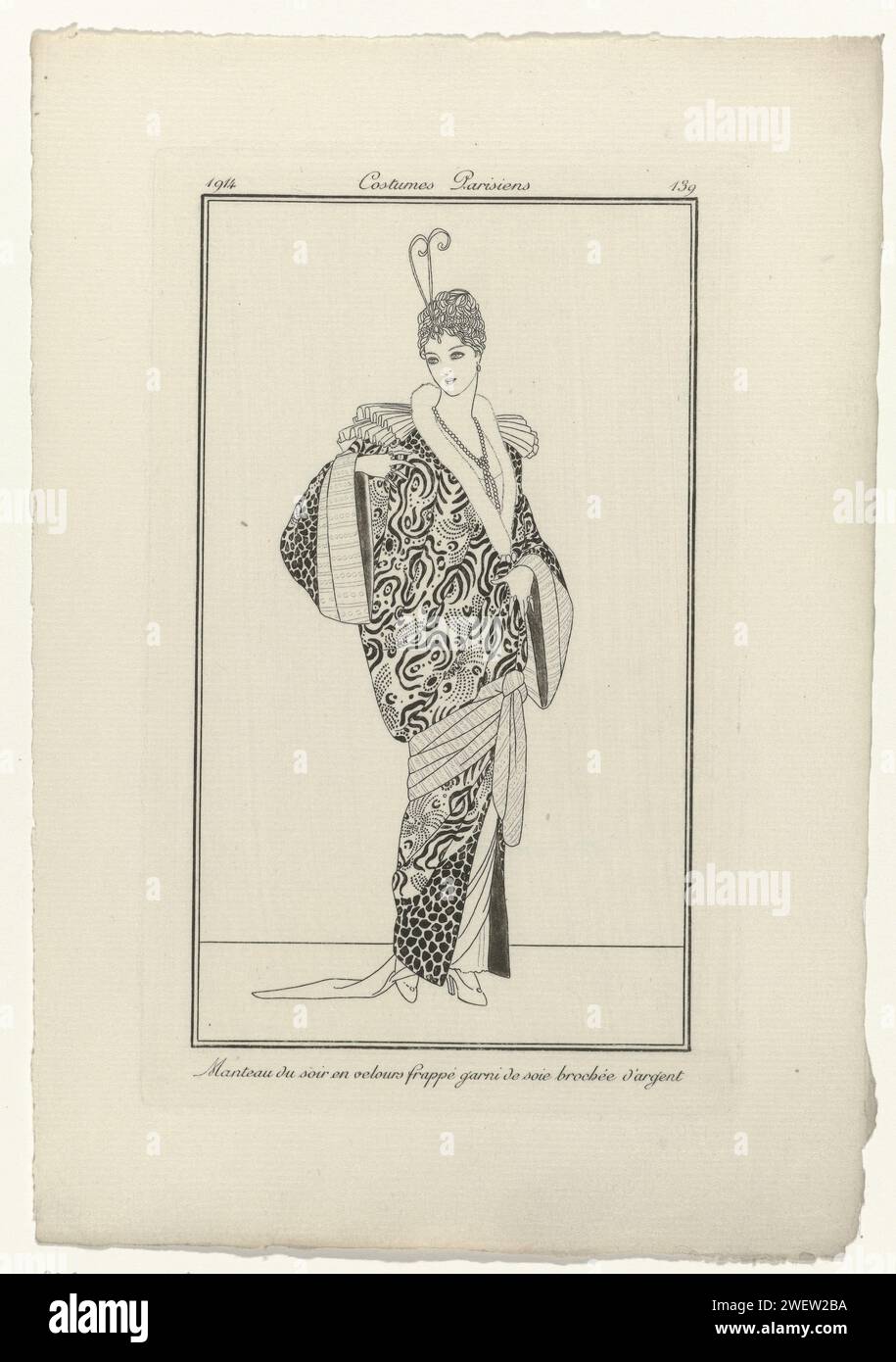 Journal des dames et de la mode, costumes parisiens, 1914, no. 139 : manteau de soirée (...), 1914 manteau de soirée en velours pressé décoré avec côté bruni avec de l'argent (fil). Proef pression d'un tirage du magazine de mode Journal des Dames et des modes (1912-1914). plaques de mode gravées en papier. Manteau (MANTEAU DE SOIRÉE) (+ vêtements pour femmes). diadem, tiare (+ vêtements pour femmes). collier (+ vêtements pour femmes) Banque D'Images