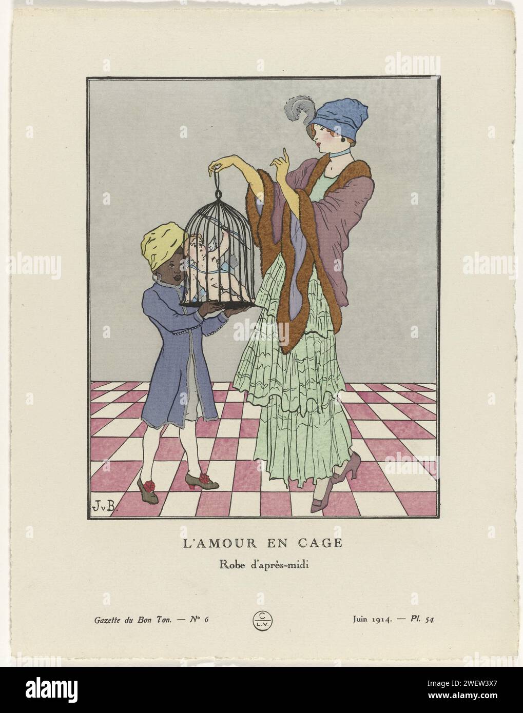 Gazette du bon ton, 1914 - n° 6, pl. 54 : Love in cage / robe d'après-midi, Jan Van Brock, 1914 Femme debout vêtue d'une robe d'après-midi à carreaux Tafzijde avec des bandes. Une écharpe de Kashmier avec de la fourrure autour des épaules. Dans la main droite une cage contenant Amor. Un serviteur noir tient la cage. Planche 54 tirée de Gazette du bon ton 1914, n° 6. Explication sur les vêtements à la page 'Explication des planches'. impression typographique de plaques de mode en papier. robe, robe : robe de jour (+ vêtements pour femmes). casque (+ vêtements pour femmes). Cupidon entravé, 'Amor Cruciatus'. personnel de maison, serviteurs. vêtements f Banque D'Images