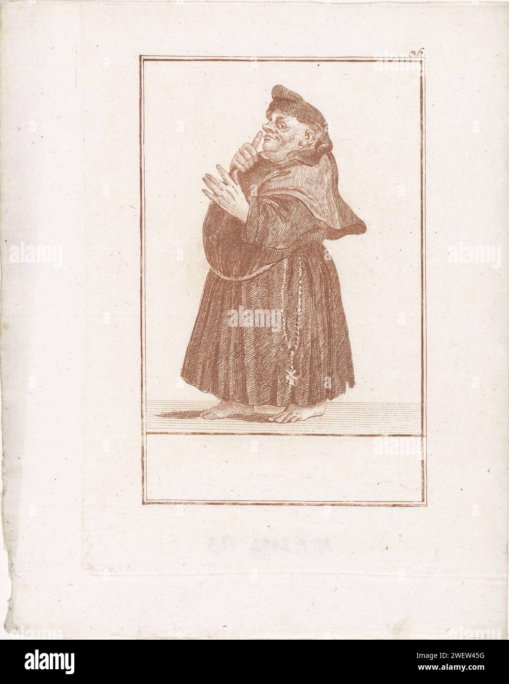 Dikke Monnik, Jacob Gole (attribué à), d'après Cornelis Dusart, 1724 estampe Big Monk pieds nus. Il garde le pouce de sa main droite devant la bouche. L'estampe fait partie d'une série de 50 parties sur le sujet des abus du clergé catholique. gravure de papier moine(s), frère(s). (Aspects de) la religion chrétienne ou l'Église (en tant qu'institution) ridiculisée, critiquée ou caricaturisée. graisse (type humain) Banque D'Images