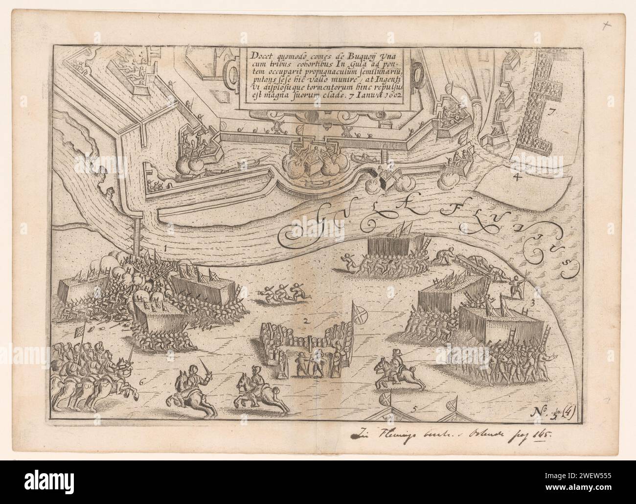 Siège d'Ostende : prise par Bucquoy le 7 janvier 1602, anonyme, 1615 imprimer Siège d'Ostende : prise des défenses d'Ostende par les troupes espagnoles sous le comte de Bucquoy le 7 janvier 1602. Batailles en bas à gauche au Lunet de l'autre côté de la Geule, au milieu d'un cartouche avec un cap en latin. Numéroté en bas à droite : 5. gravure sur papier / gravure siège, position guerre. Bataille (+ forces terrestres) Ostende Banque D'Images