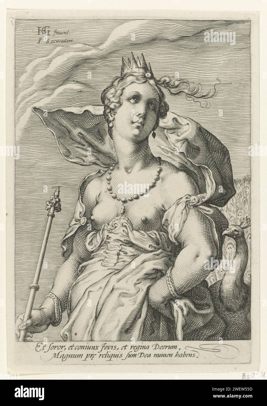 Juno, Jan Saenredam, d'après Hendrick Goltzius, 1575 - 1607 imprimer la déesse Juno, avec une couronne sur la tête. A côté d'elle un paon, son attribut. L'estampe fait partie d'une série en trois parties avec les trois déesses du jugement de Paris et a une légende latine. Gravure sur papier (histoire de) Juno (Hera). Le jugement de Paris (sans Mercure). Attributs de Juno (avec NOM) Banque D'Images
