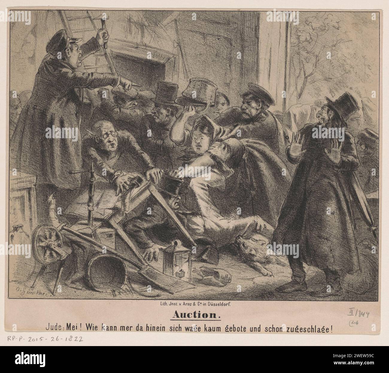 Querelle lors d'une vente aux enchères de ménages, O. Günther, 1820 - 1858 une querelle d'impression éclate lors d'une vente aux enchères publique d'articles ménagers. Une femme frappe un homme par terre avec un panier. A droite, une caricature d'un juif qui garde les mains choquées. La légende montre qu'il fait une allusion au double sens du mot « frappant ». vente aux enchères de papier, vente publique. caricatures (types humains). Les Juifs, la vie juive. lutte Banque D'Images