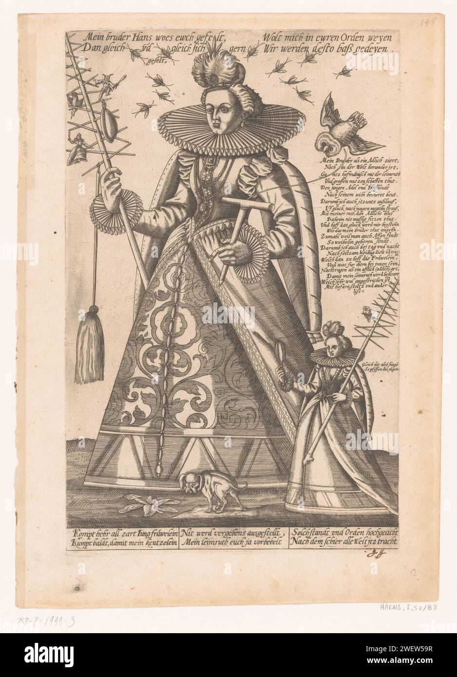 Lijmstokloopster, Heinrich Wirich, 1575 - 1600 imprimer Grande et petite dame debout l'un à côté de l'autre, chacun un bâton de colle (destiné à attraper les oiseaux) dans la main. Assis sur le bâton de colle de la grande dame, à part un oiseau, une femme avec un miroir et un pot coincé. Dans l'autre main, elle tient un bâton avec hibou dessus. La petite dame a un miroir convexe en main dans lequel elle se regarde. Un chien pooping au milieu. Un essaim de moustiques au-dessus de la tête de la grande dame. Satire sur les folies féminines, en particulier la vanité. pamphlet gravure / gravure sur papier  imprimé. chasse aux oiseaux. Folie, Fool Banque D'Images