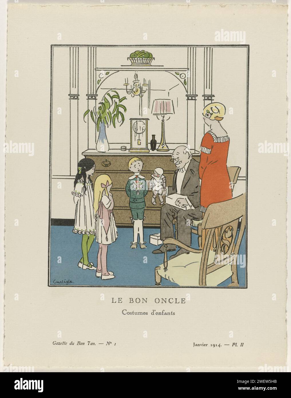 Gazette du bon ton, 1914 - n° 1, pl. II : le bon oncle / costumes d'enfants, Charles -Emile Carlègle, 1914 intérieur avec trois enfants, habillés de 'vêtements d'enfant simples' selon la mode de 1914. Ils se tiennent devant un monsieur plus âgé assis qui sort une poupée d'une boîte. Planche II de Gazette du bon ton 1914, n° 1. Explication sur les vêtements à la page 'Explication des planches'. impression typographique de plaques de mode en papier. vêtements, costume (+ vêtements pour enfants). (jouer avec) poupées Banque D'Images