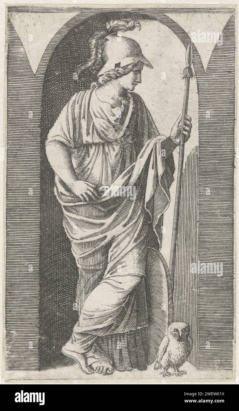 Minerve avec armure et hibou, Marcantonio Raimondi, d'après Rafaël, 1511 - 1520 imprimer gravure sur papier (histoire de) Minerva (Pallas, Athéna) Banque D'Images