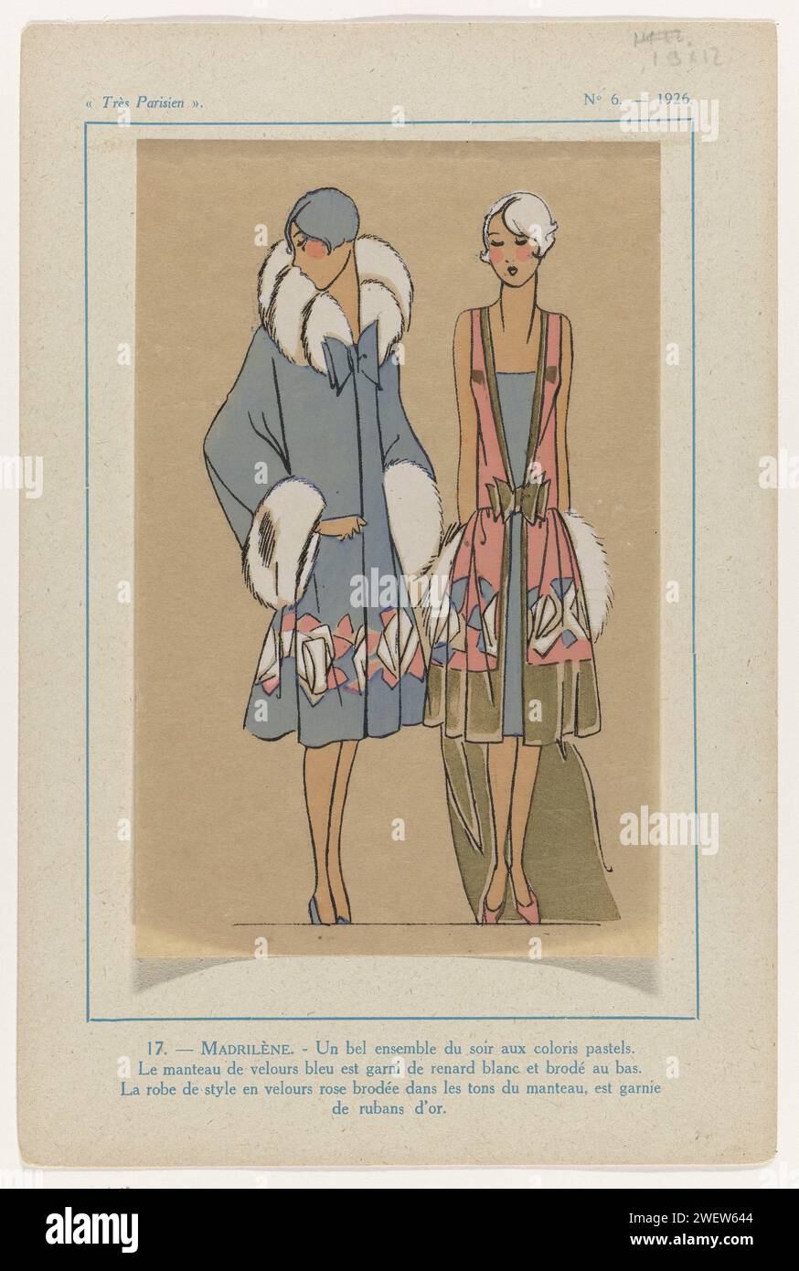 Très parisien, 1926, non 6 : 17.- Madrilene.- Un bel ensemble (...), 1926 un ensemble pour la soirée dans des couleurs pastel. Couverture de velours bleu garnie de fourrure de renard blanc et broderie sur le fond. « Robe de style » en velours rose brodé dans les mêmes teintes que la cape, garni de rubans dorés. Tirage du magazine de mode très parisien (1920-1936). papier. plaques de mode pour impression typographique. manteau (+ vêtements pour femmes). manteau (+ fourrure utilisée pour les vêtements). parties ornementales des vêtements (+ fourrure utilisée pour les vêtements). bordure, ruban, tresse (+ vêtements pour femmes). Robe, robe (ROBE DE STYLE) Banque D'Images