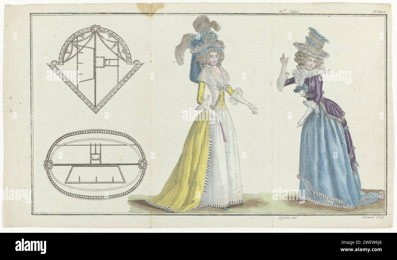 The First Fashion Magazine, 1788 de gauche à droite. Deux boucles. Femme dans une 'Grande Redingote à la grecque' de satin blanc et jaune, avec une jupe de satin blanc. Un ventilateur dans la main droite. Femme dans un 'caraco à la circassienne' de satin violet sur une jupe avec double falbala et drag. L’estampe fait partie du 36e Cahier, 3e année, du magasin des modes nouvelles Françaises et anglaises. La série se compose de 172 imprimés de mode, édités par Buisson, Paris, 20 novembre 1786 - 21 décembre 1789. plaques de mode gravées en papier. cou-équipement  vêtements (+ vêtements pour femmes). robe, robe : rouge Banque D'Images