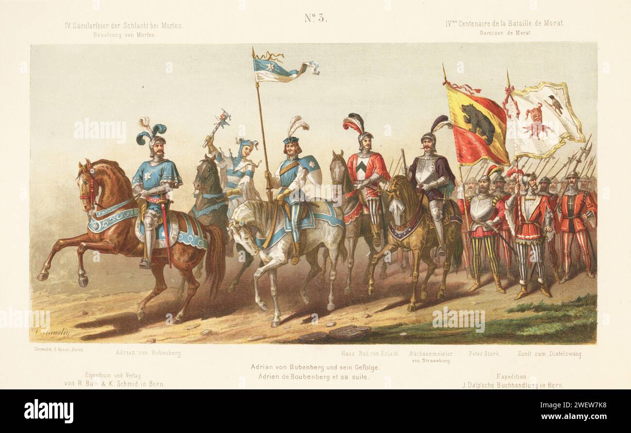 Adrian von Bubenberg (Maire de Berne) avec bouffon et porte-étendard, Hans Rudolf von Erlach, Büchsenmeister (armurier) de Strasbourg, Peter Stark et des membres de la Distelwang (Guilde des chardons). Chromolithographie de C. Knusli d'après une illustration de Carl Jauslin de l'Album du Cortege Historique de Morat, reconstitution du 400e anniversaire de la bataille de Murten, Buri, Zurich, 1876. Banque D'Images
