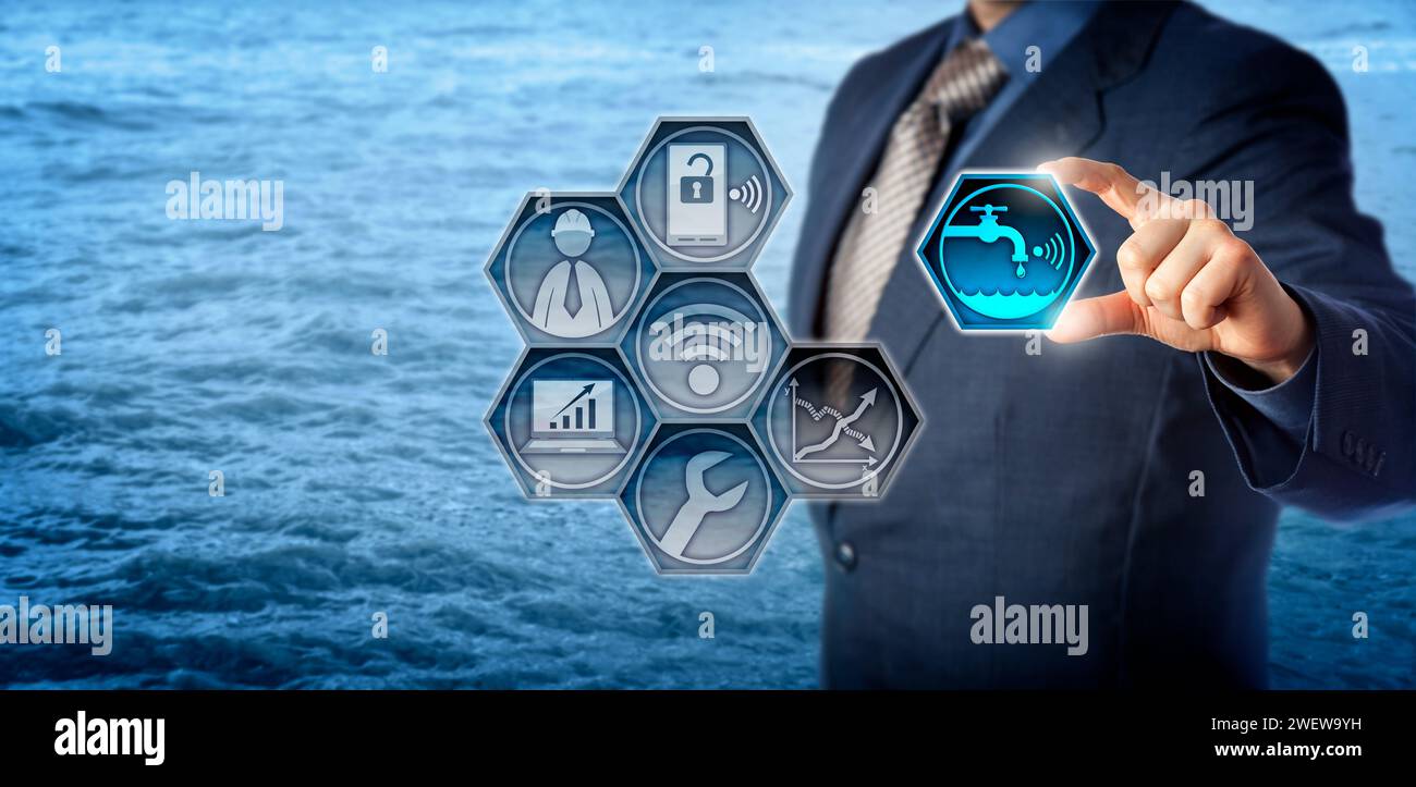 Ingénieur civil Blue Chip branchant une icône de comptage d'eau intelligente dans une application de surveillance virtuelle. Concept pour la gestion des ressources en eau, l'efficacité de l'eau, Banque D'Images
