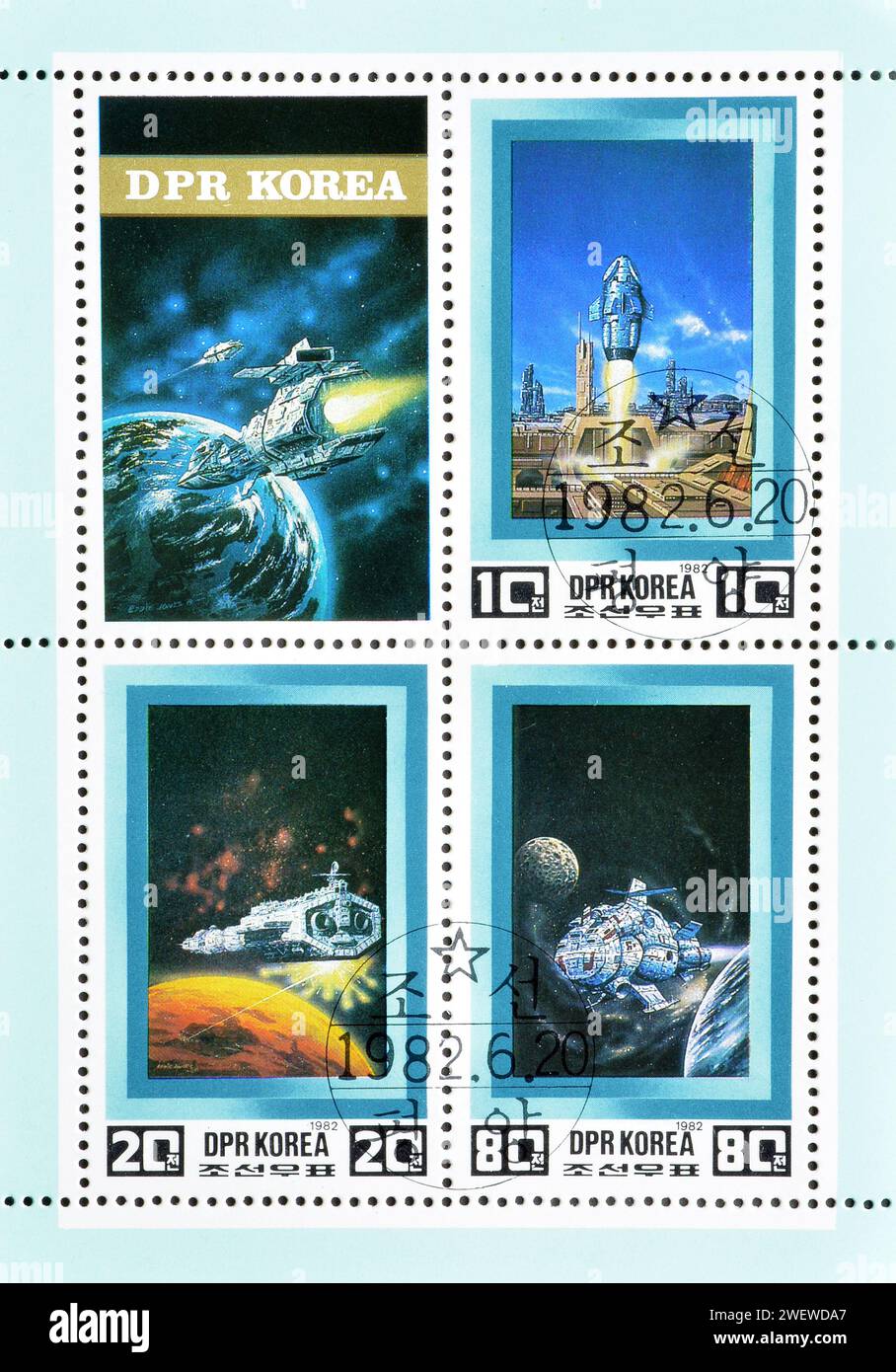 Bloc-feuillet avec timbre-poste oblitéré imprimé par la Corée du Nord, qui montre le voyage spatial du futur, vers 1982. Banque D'Images