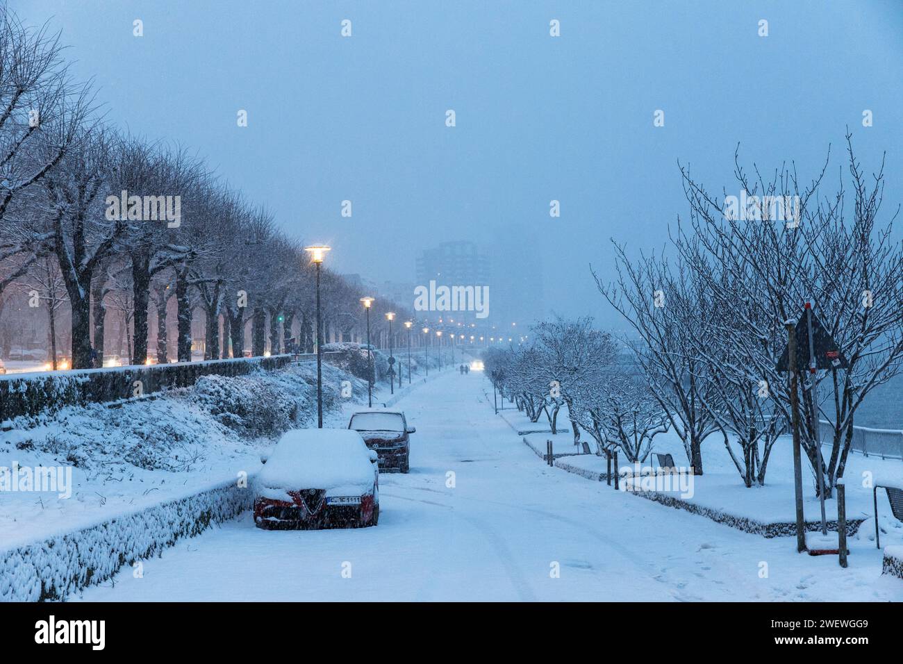 La promenade enneigée du Rhin à la rue Konrad-Adenauer-Ufer quartier Altstadt-Nord, neige, Cologne, Allemagne. Janvier 17. 2024 die verschneite R Banque D'Images