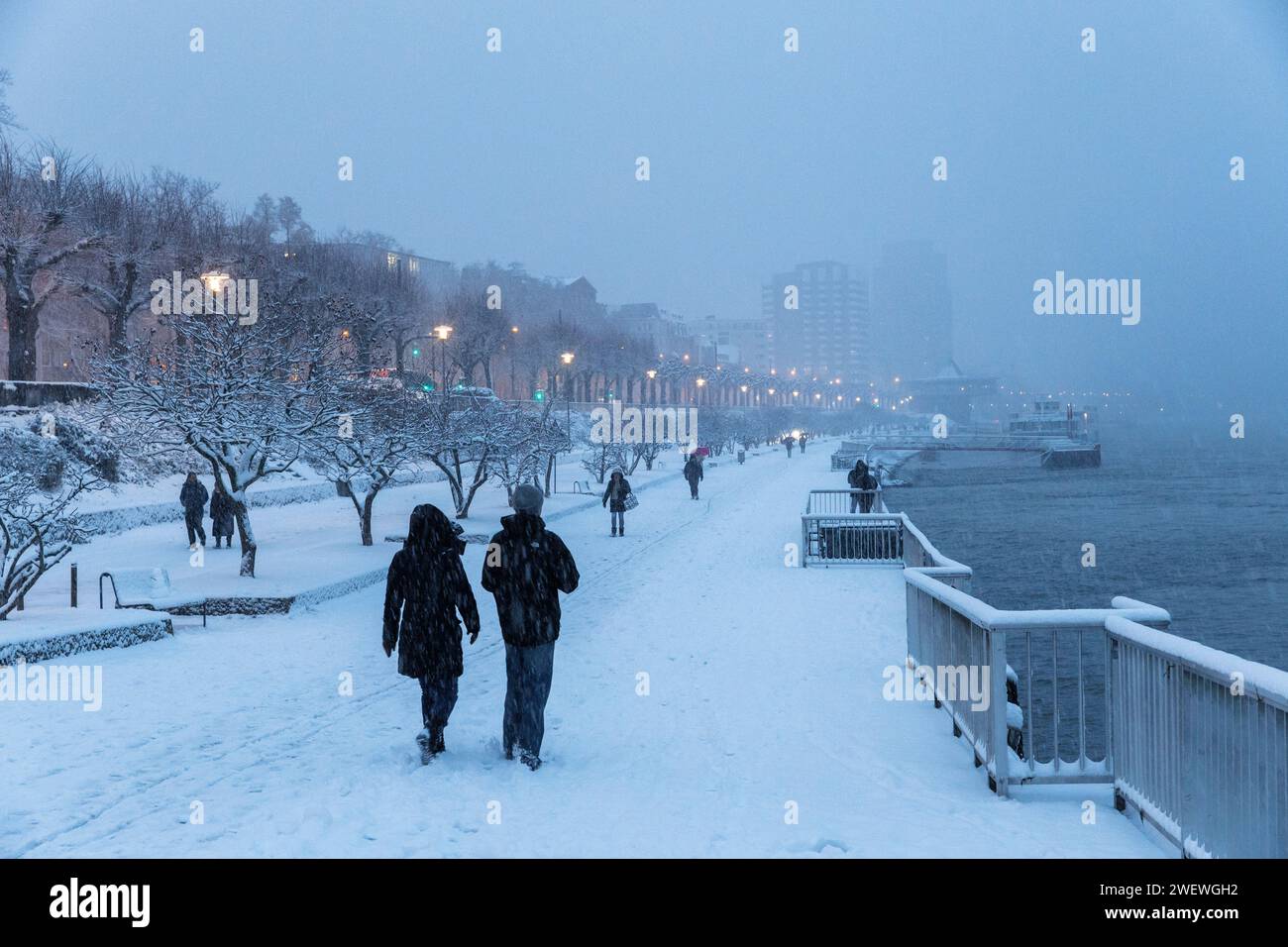 La promenade enneigée du Rhin à la rue Konrad-Adenauer-Ufer quartier Altstadt-Nord, neige, Cologne, Allemagne. Janvier 17. 2024 die verschneite R Banque D'Images