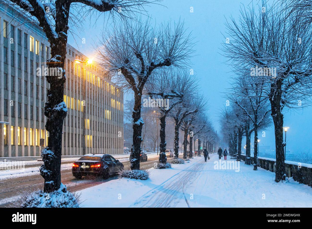 Hiver à la rue Konrad-Adenauer-Ufer quartier Altstadt-Nord, à gauche l'Institut économique allemand, neige, Cologne, Allemagne. Janvier 17. 2024 Banque D'Images