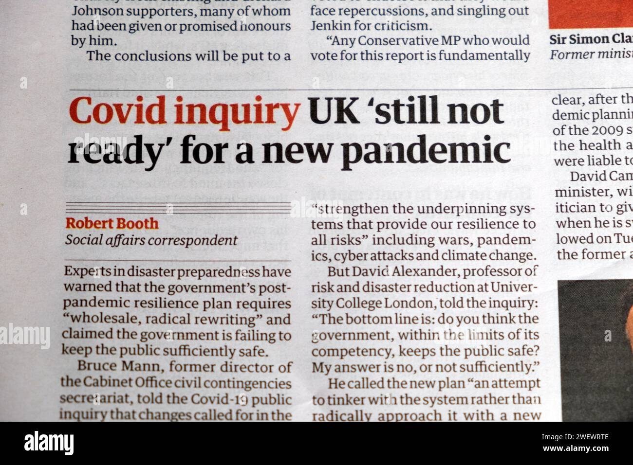 'Covid Inquiry UK 'toujours pas prêt' pour une nouvelle pandémie' le journal Guardian a fait le gros titre de l'article sur la préparation du gouvernement le 16 juin 2023 Londres Angleterre Royaume-Uni Banque D'Images
