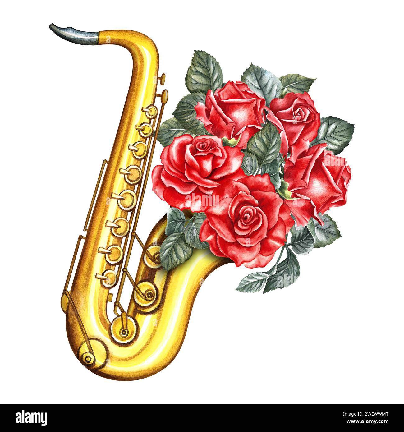 Saxophone doré décoré de roses rouges. L'illustration de l'aquarelle est dessinée à la main. Isolez-le. Pour affiches, dépliants et cartes d'invitation. Pour bannière Banque D'Images