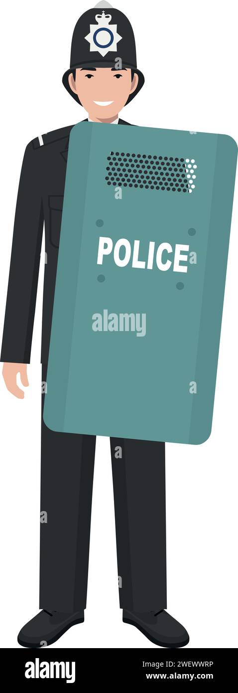 Officier policier britannique debout avec bouclier de protection en métal dans l'icône de caractère uniforme traditionnel dans le style plat. Illustration de Vecteur