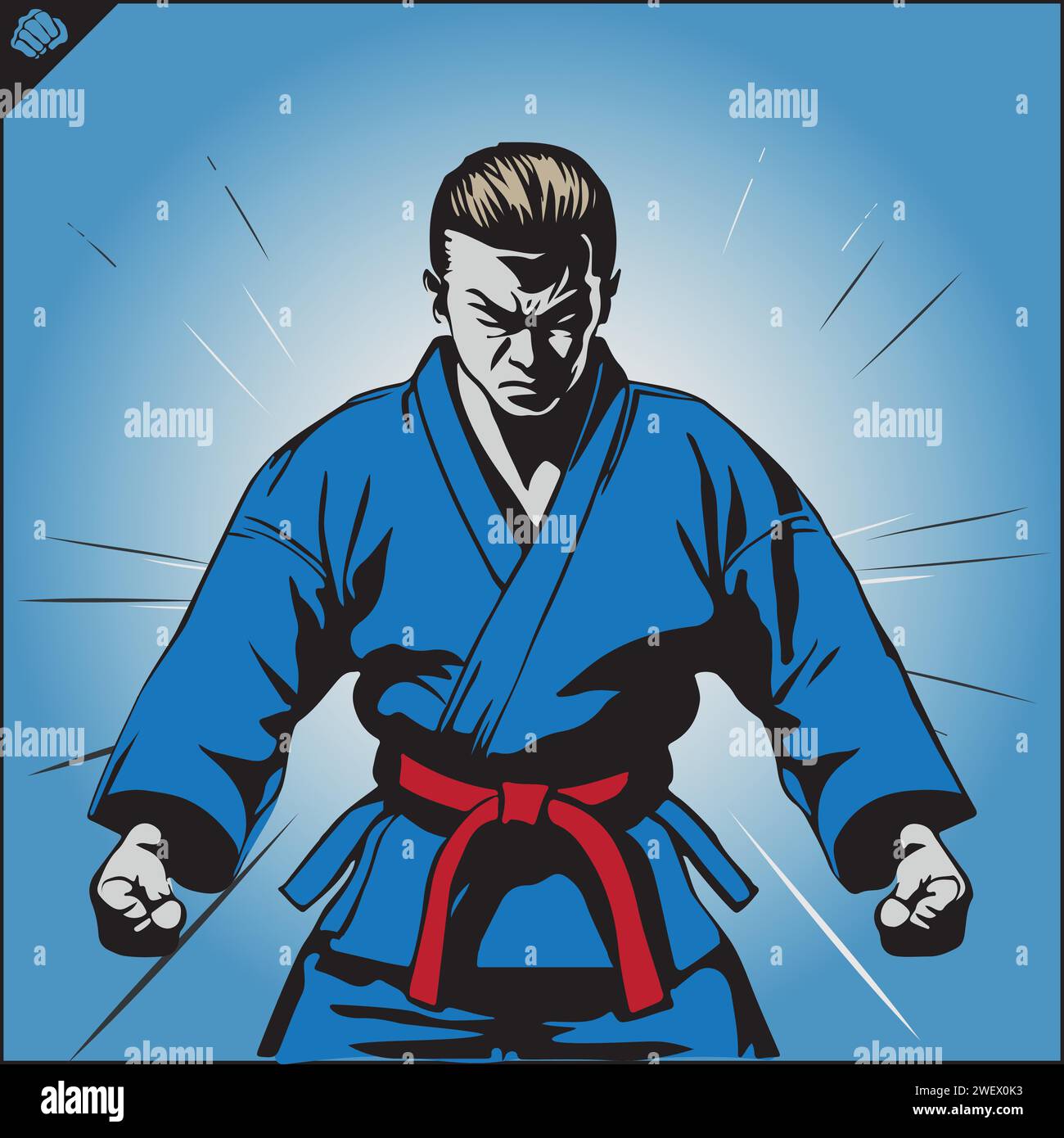 Lutteur de judo en kimono bleu, ceinture rouge , dans une posture de combat, prêt à se battre. Sur un fond quelques petits détails Illustration de Vecteur