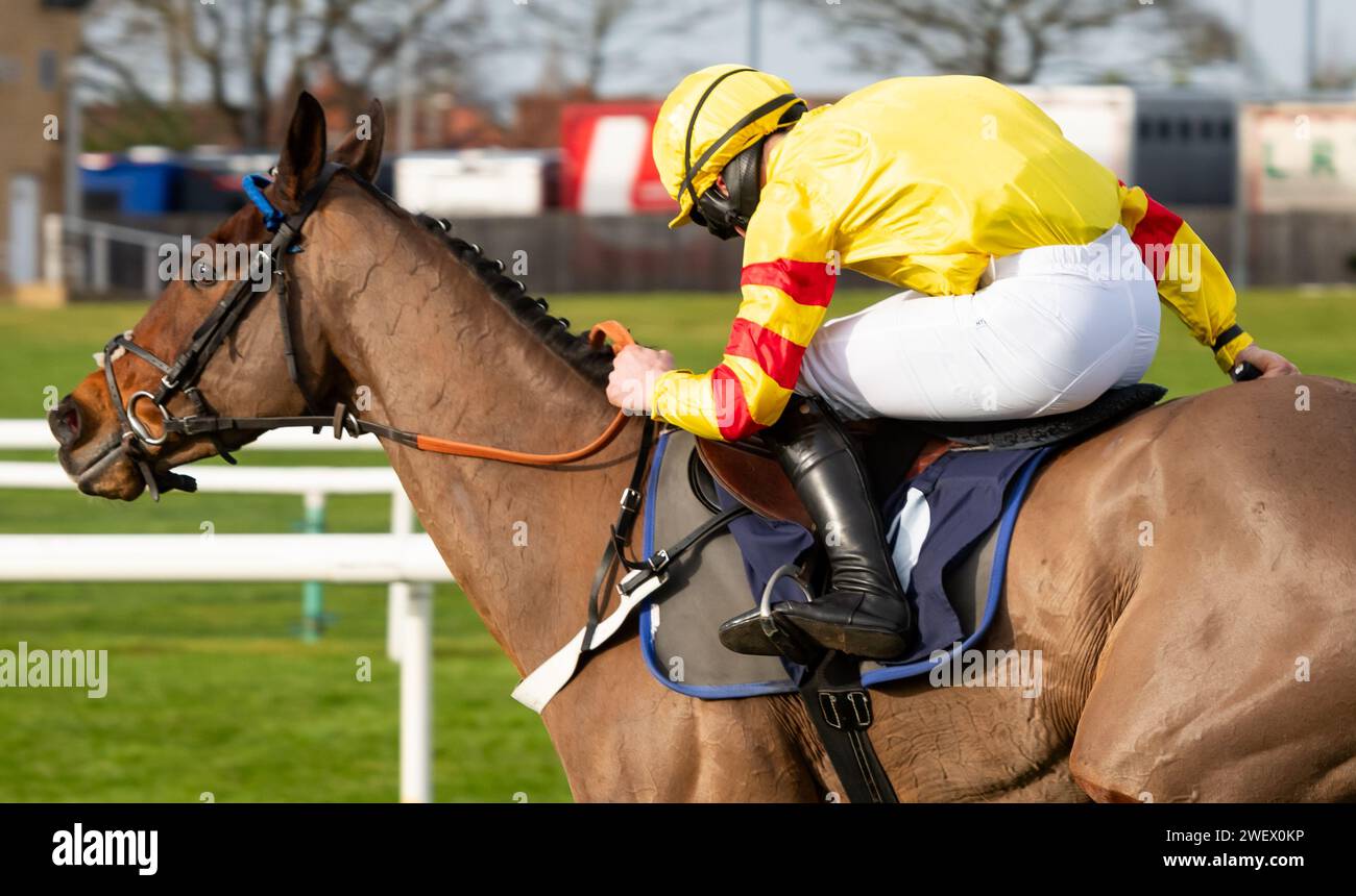 Doncaster Racecourse, Doncaster, Royaume-Uni, samedi 27 janvier 2024 ; Geromino et le jockey Charlie Maggs remportent la course de haies SBK handicap pour l'entraîneur Donald McCain et le propriétaire MR G. E. Fitzpatrick. Crédit JTW Equine Images / Alamy Live News Banque D'Images