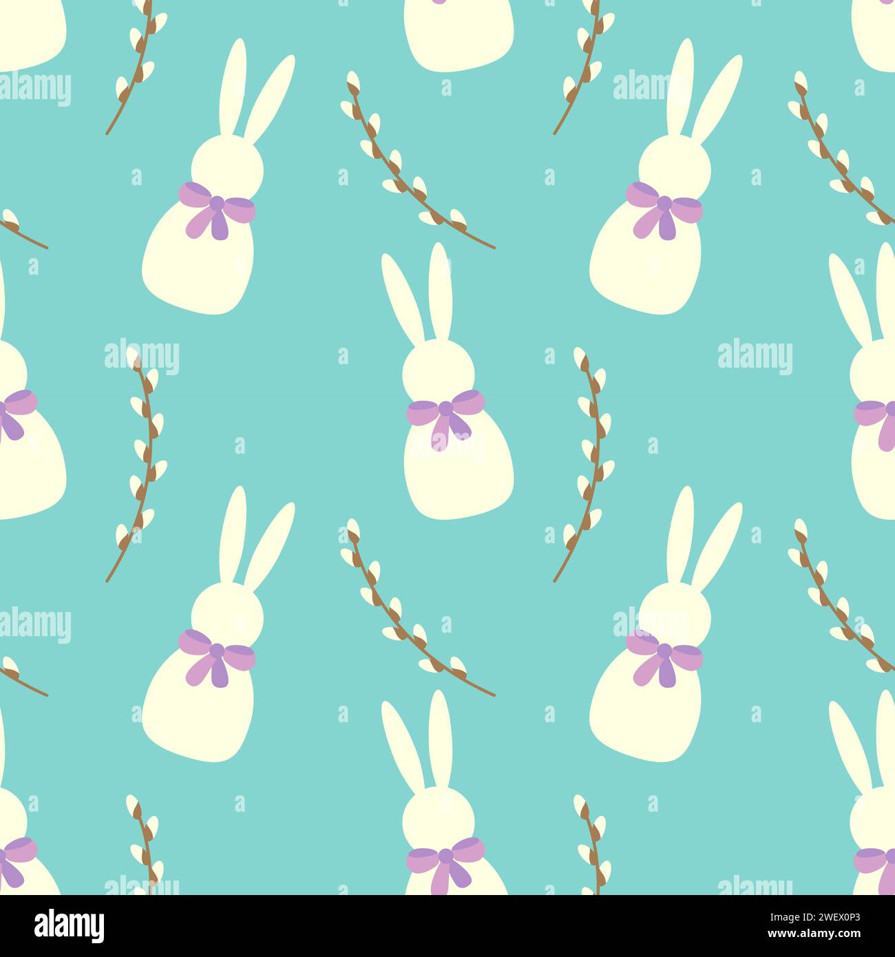 Motif répétitif mettant en vedette des lapins blancs stylisés avec des noeuds violets et des branches de saule marron sur un fond bleu vibrant, généralement utilisé pour Illustration de Vecteur