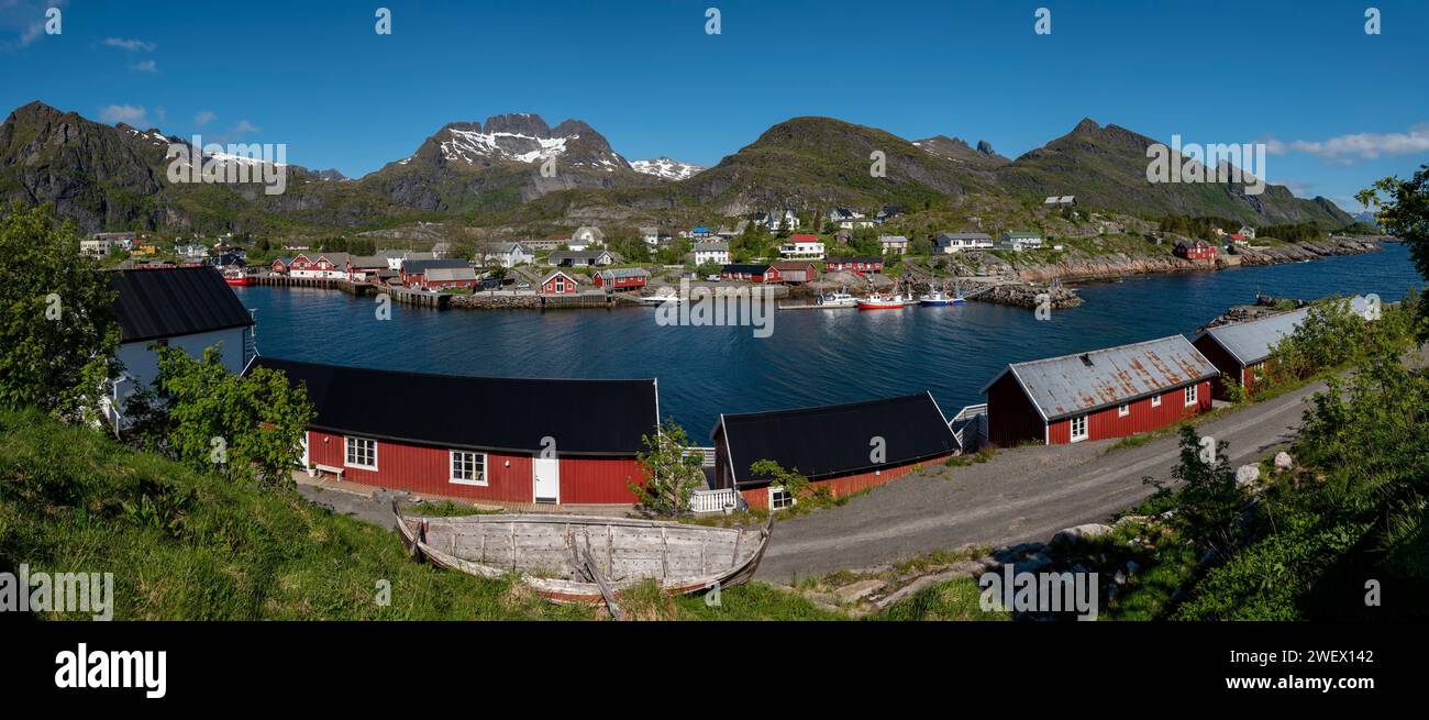 Village de pêcheurs Tind dans la partie sud des îles Lofoten, Norvège. Banque D'Images