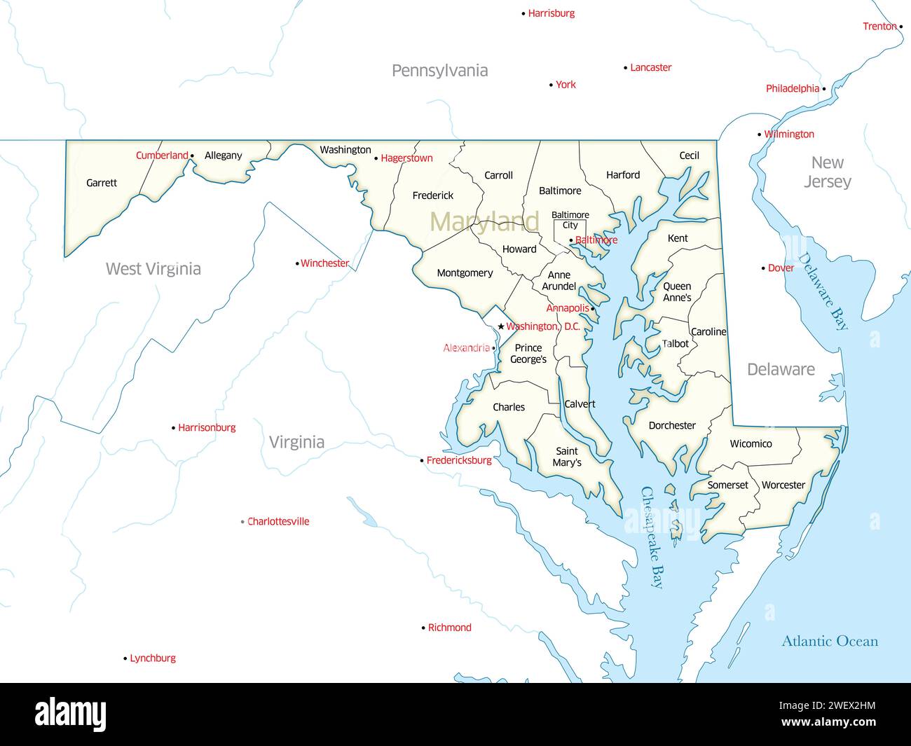 Carte montrant les nombreux comtés qui composent l'État du Maryland aux États-Unis. Banque D'Images