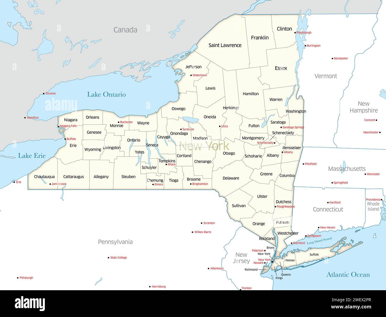 Carte montrant les nombreux comtés qui composent l'État de New York aux États-Unis. Banque D'Images