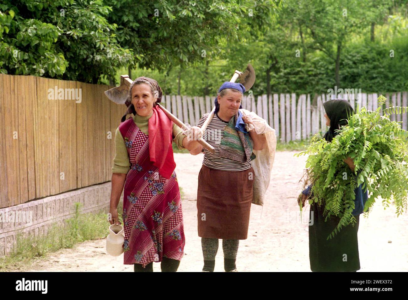 Comté de Vrancea, Roumanie, env. 1992. Femmes rentrant chez elles après avoir travaillé sur le terrain. Banque D'Images