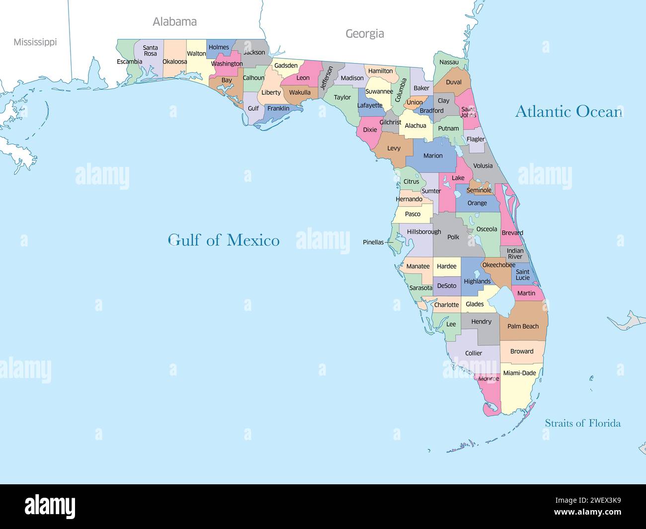 Carte colorée de l'état de Floride montrant les frontières du comté. Banque D'Images