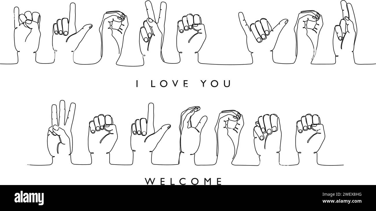 Langage sourd des signes. Je vous aime et mot de bienvenue en langue des signes américaine ASL gestes de la main continue une ligne d'illustration vectorielle éducative ensemble Illustration de Vecteur