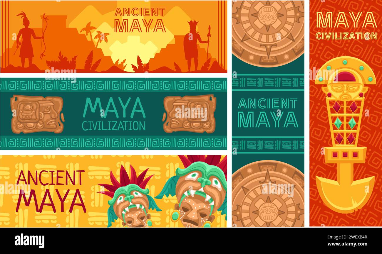 Bannières de la civilisation maya. Calendrier maya antique, pyramides et jeu de modèles de conception de vecteur d'artefacts traditionnels mésoaméricains Illustration de Vecteur