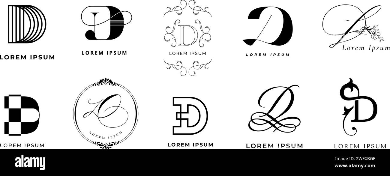 Emblème D créatif. Conception décorative de monogramme de lettre d pour école de danse, ensemble d'icônes vectorielles de modèle de marque numérique dynamique Illustration de Vecteur