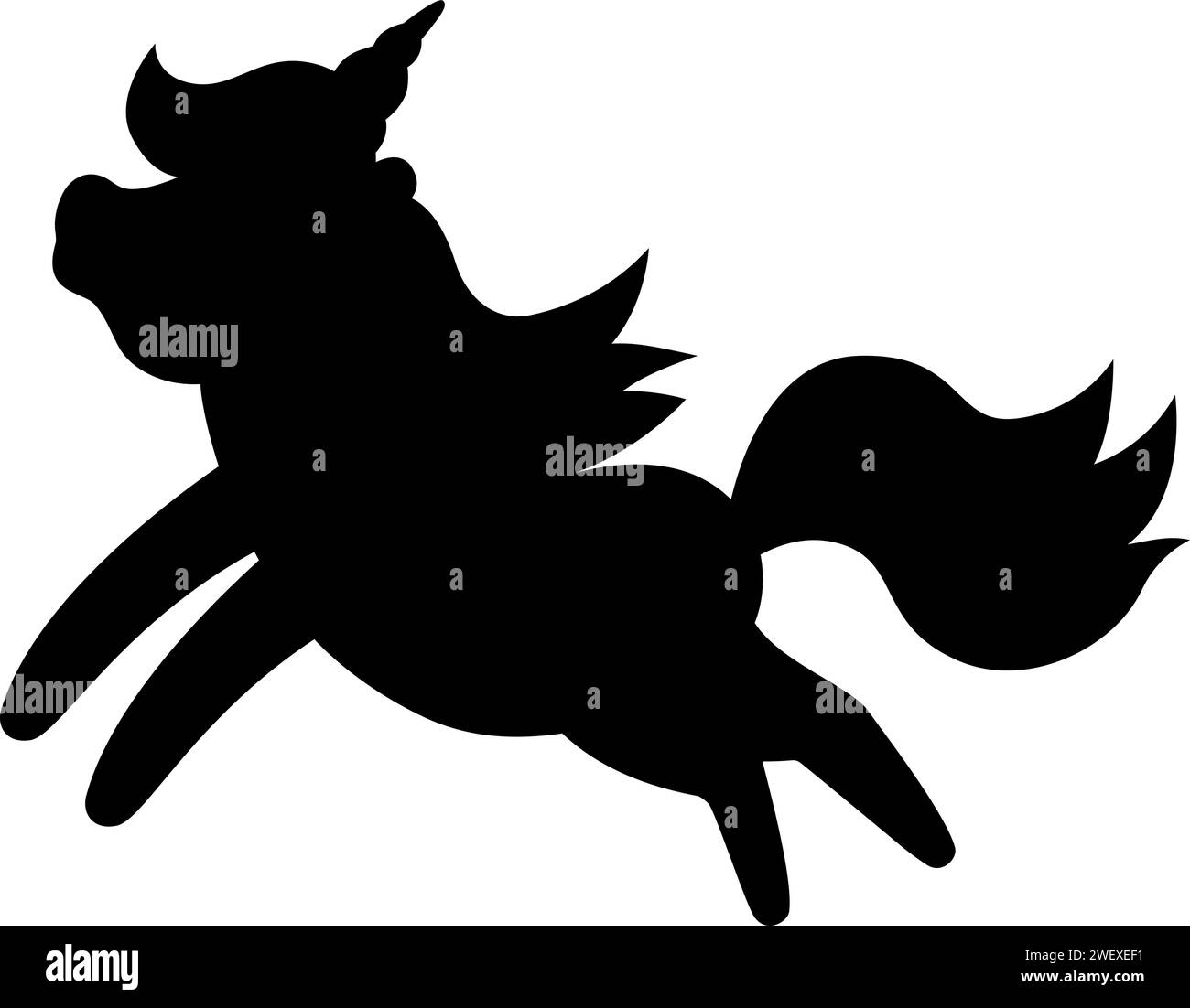 Silhouette de licorne noire Vector. Ombre d'animal de course fantastique. Illustration de personnage de cheval de conte de fées pour les enfants. Icône de créature magique de dessin animé isolée Illustration de Vecteur