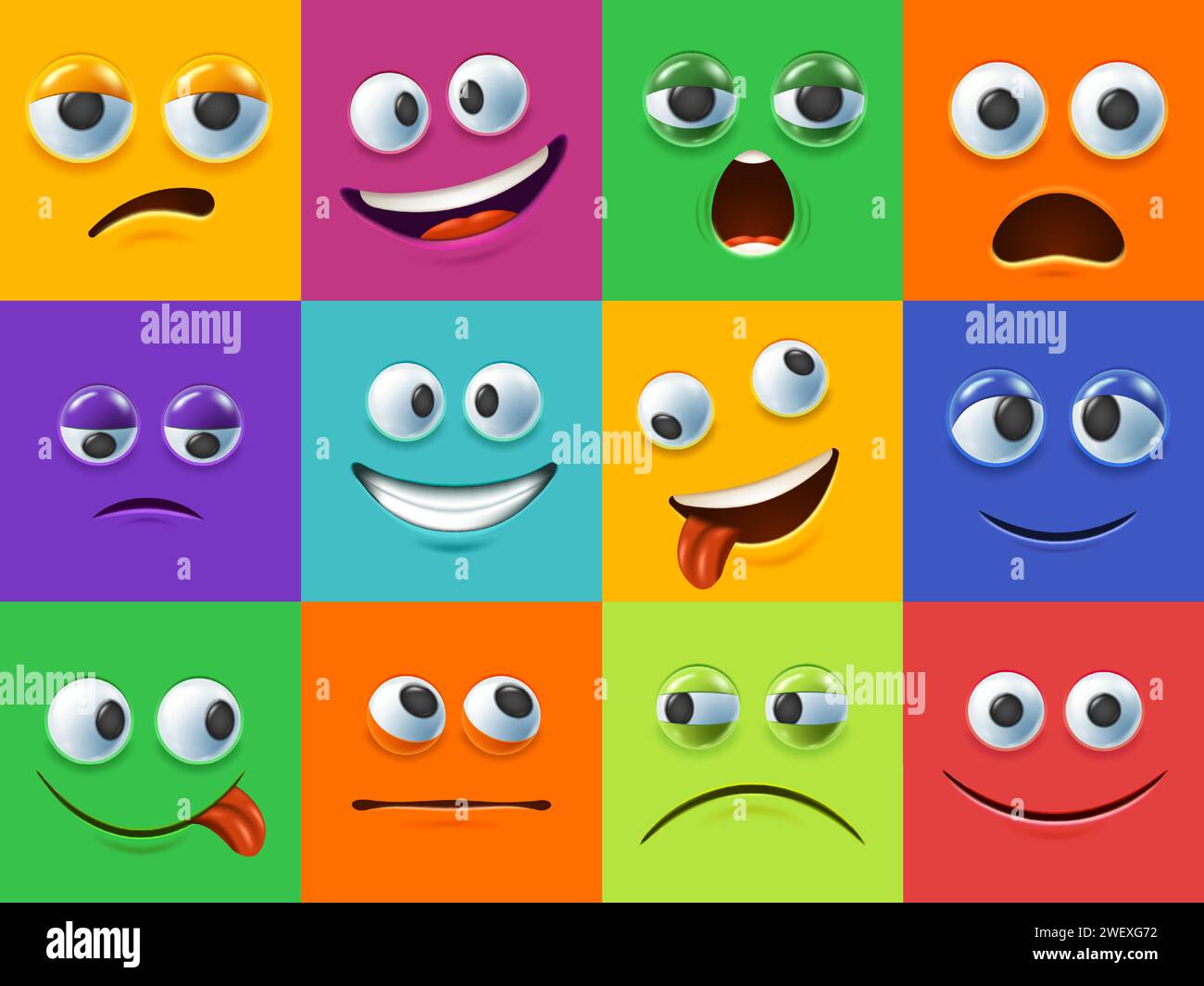 Arrière-plans de visage de dessin animé 3D. Expressions faciales drôles des yeux et de la bouche. Visages colorés avec différents ensembles d'illustrations vectorielles d'émotions Illustration de Vecteur