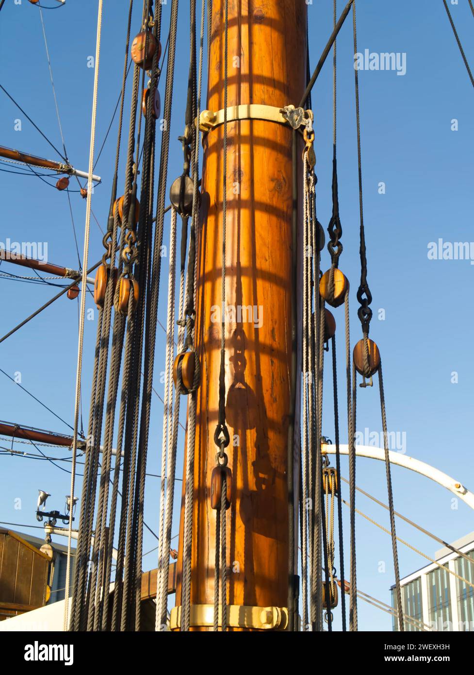 Bloquez et attaquez, gréez les détails sur le RRS Discovery à Dundee, Écosse, Royaume-Uni Banque D'Images