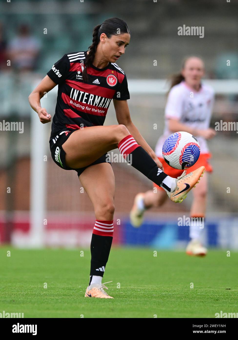Bossley Park, Australie. 27 janvier 2024. Madison McComasky du Western Sydney Wanderers FC est en action lors du match de la saison 14 de la Liberty A-League 2023/24 entre le Western Sydney Wanderers FC et le Brisbane Roar FC qui s'est tenu au Marconi Stadium. Score final ; Western Sydney Wanderers FC 1 : 3 Brisbane Roar FC. (Photo Luis Veniegra/SOPA Images/Sipa USA) crédit : SIPA US/Alamy Live News Banque D'Images