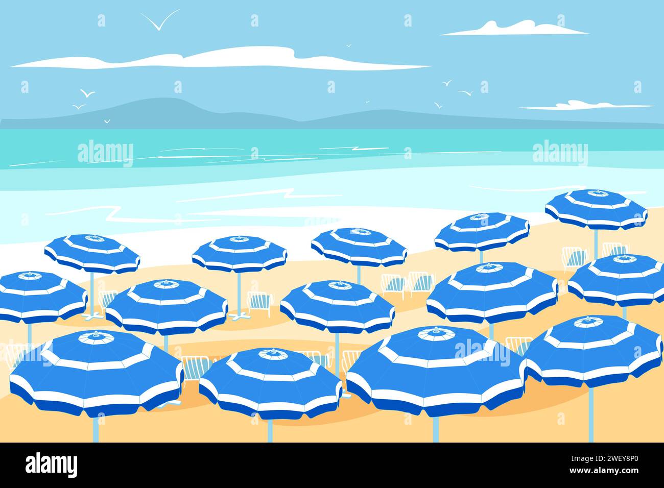 Parasols sur la plage en journée ensoleillée d'été avec ciel bleu Illustration de Vecteur