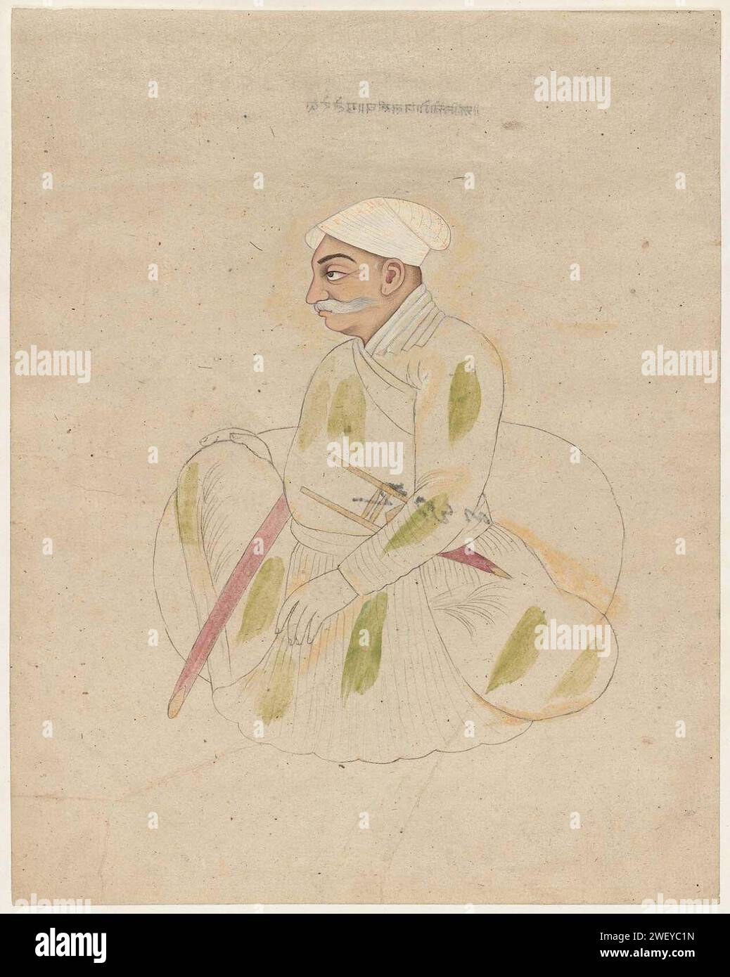 Peinture ancêtre de Mian Gopal de Guler assis tout en s'appuyant contre un bolster par Purkhu, ca.1825. Banque D'Images