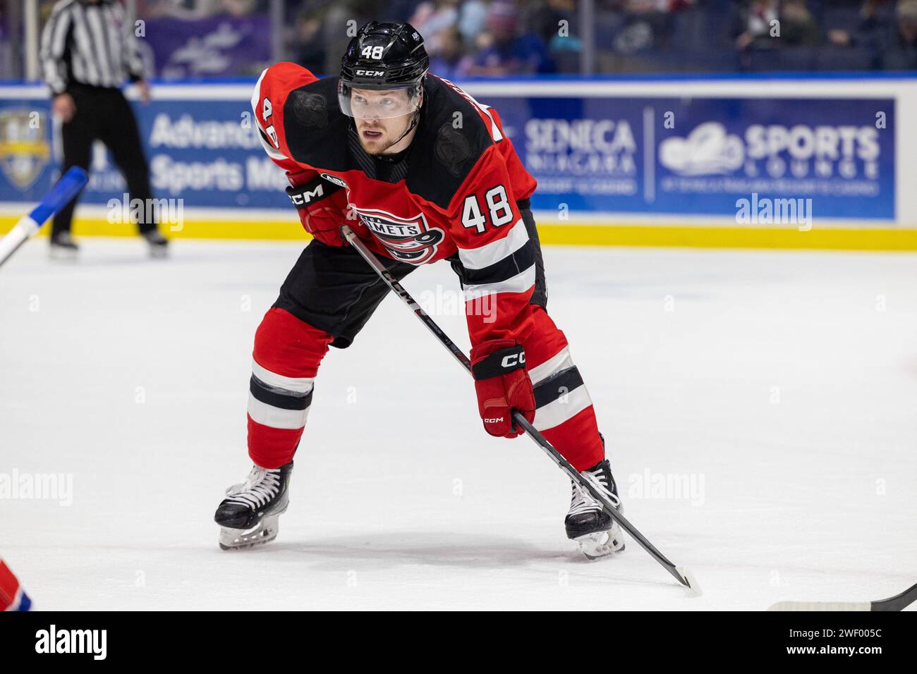 26 janvier 2024 : l'attaquant des Utica Comets Erik Middendorf (48) patine en première période contre les Americans de Rochester. Les Americans de Rochester ont accueilli les Utica Comets dans un match de la Ligue américaine de hockey à Blue Cross Arena à Rochester, New York. (Jonathan Tenca/CSM) Banque D'Images