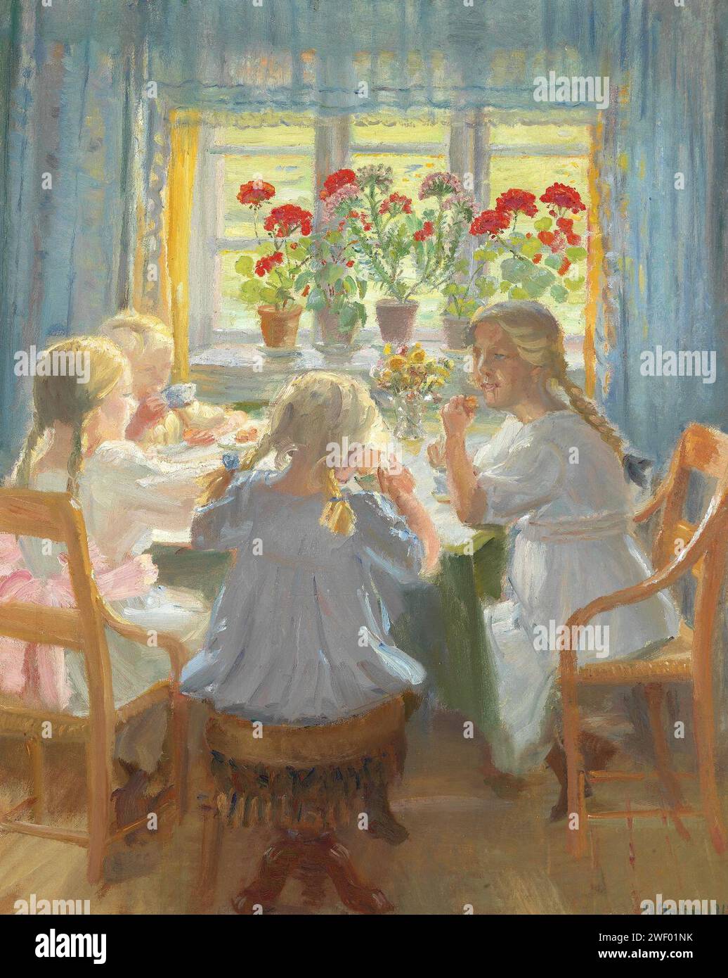 Anna Ancher - Småpiger til teselskab i Nordstuen i Anchers hus på Markvej, Skagen - 1919. Banque D'Images