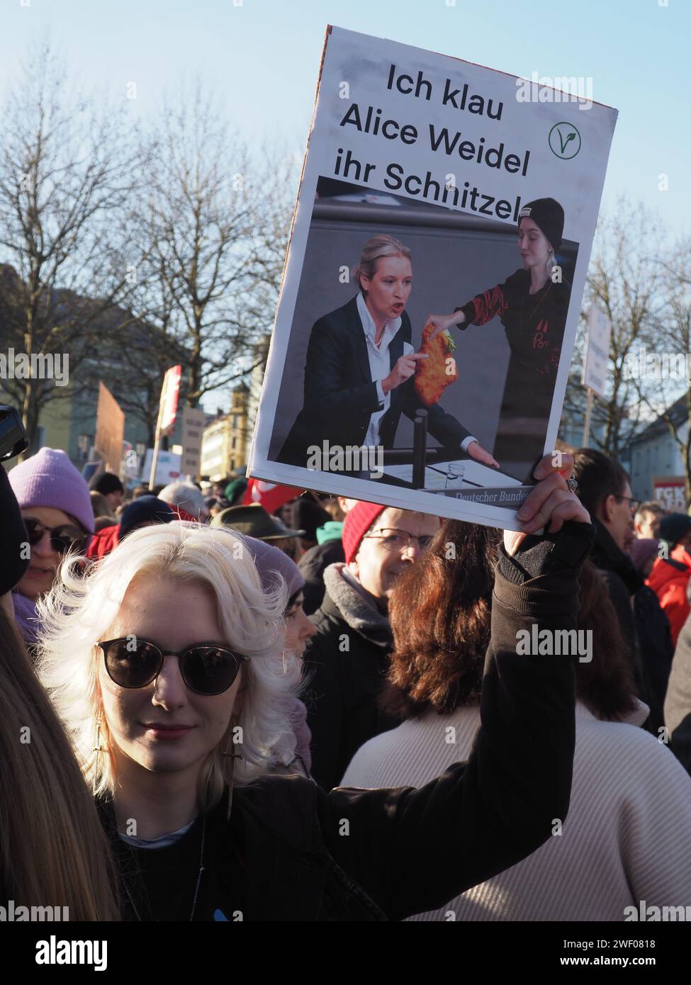 Une fille tient une affiche avec l'inscription "Je vole le schnitzel d'Alice Weidel". Alice Weidel est une femme politique allemande (AfD). -- tous les jours, politique Banque D'Images