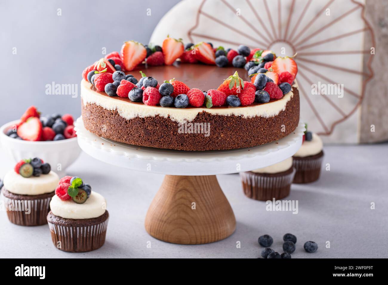 Cheesecake au chocolat et à la vanille garni de ganache au chocolat et d'une variété de baies fraîches Banque D'Images