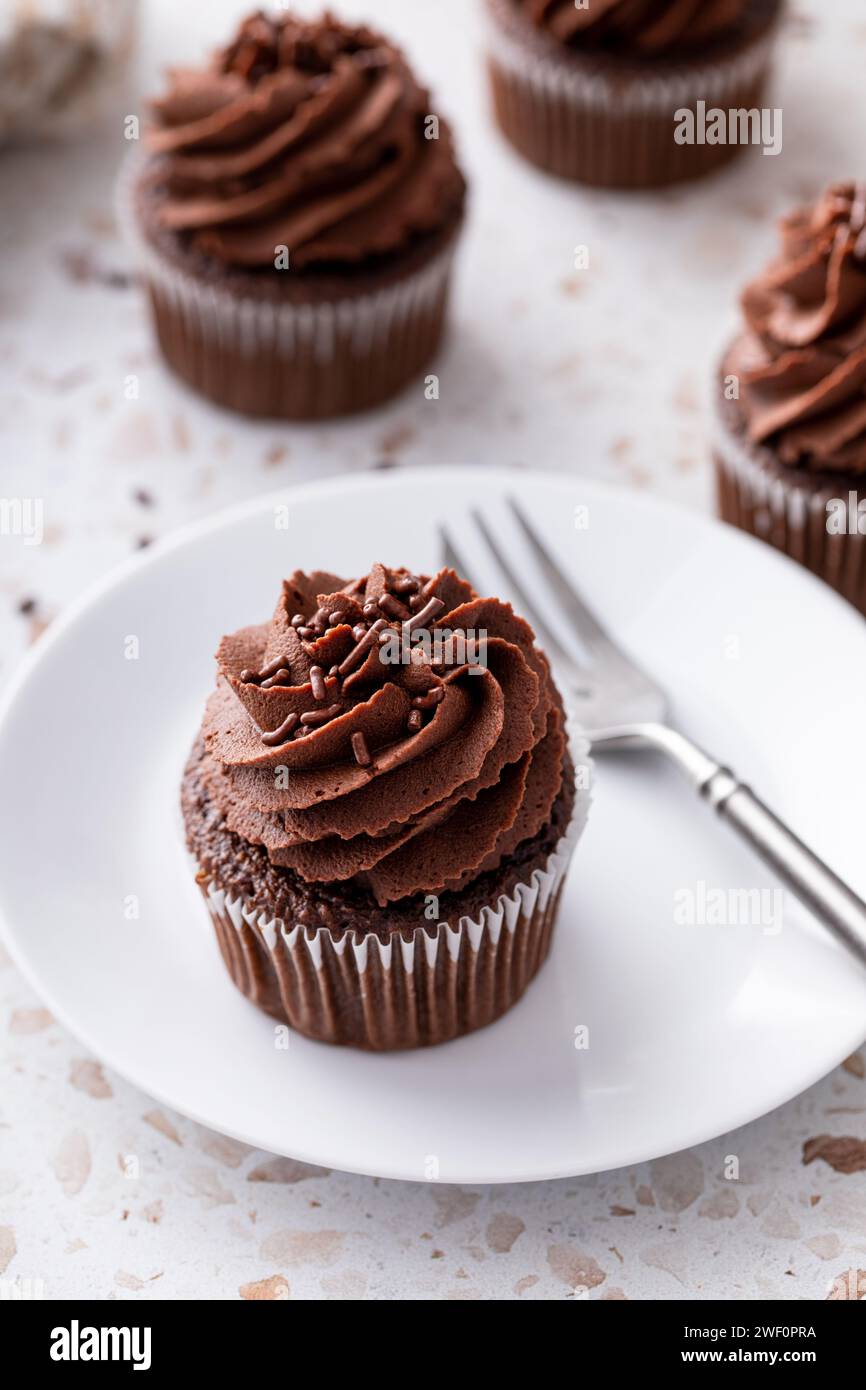 Cupcakes au chocolat garnis de ganache au chocolat fouettée et de saupoudreuses de chocolat Banque D'Images
