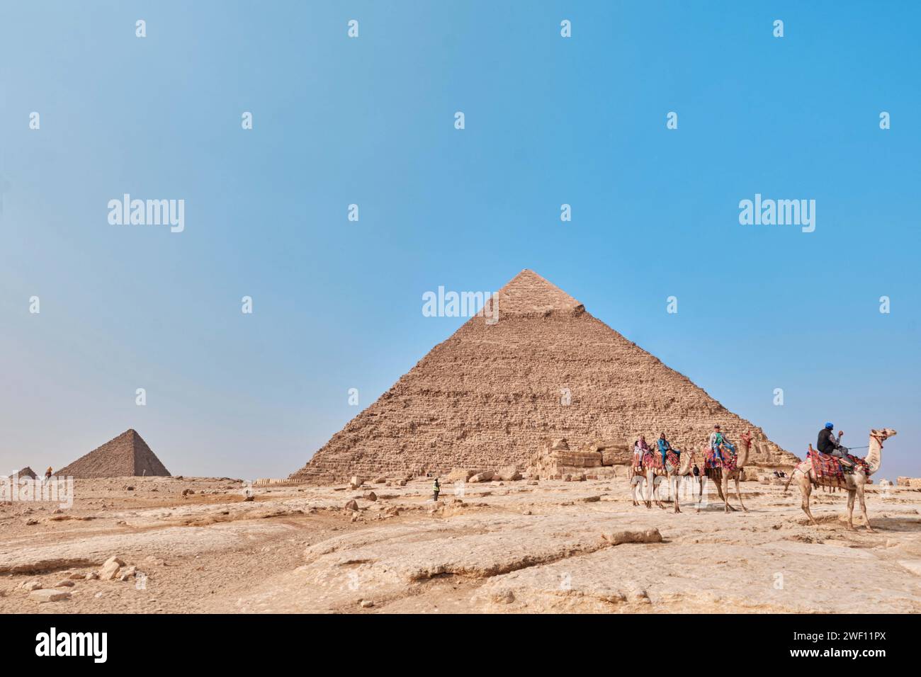 Gizeh, Egypte - décembre 24 2023 : pyramide de Khafre (également lu comme Khafra, Khefren) et Menkaaure avec des chameaux Banque D'Images