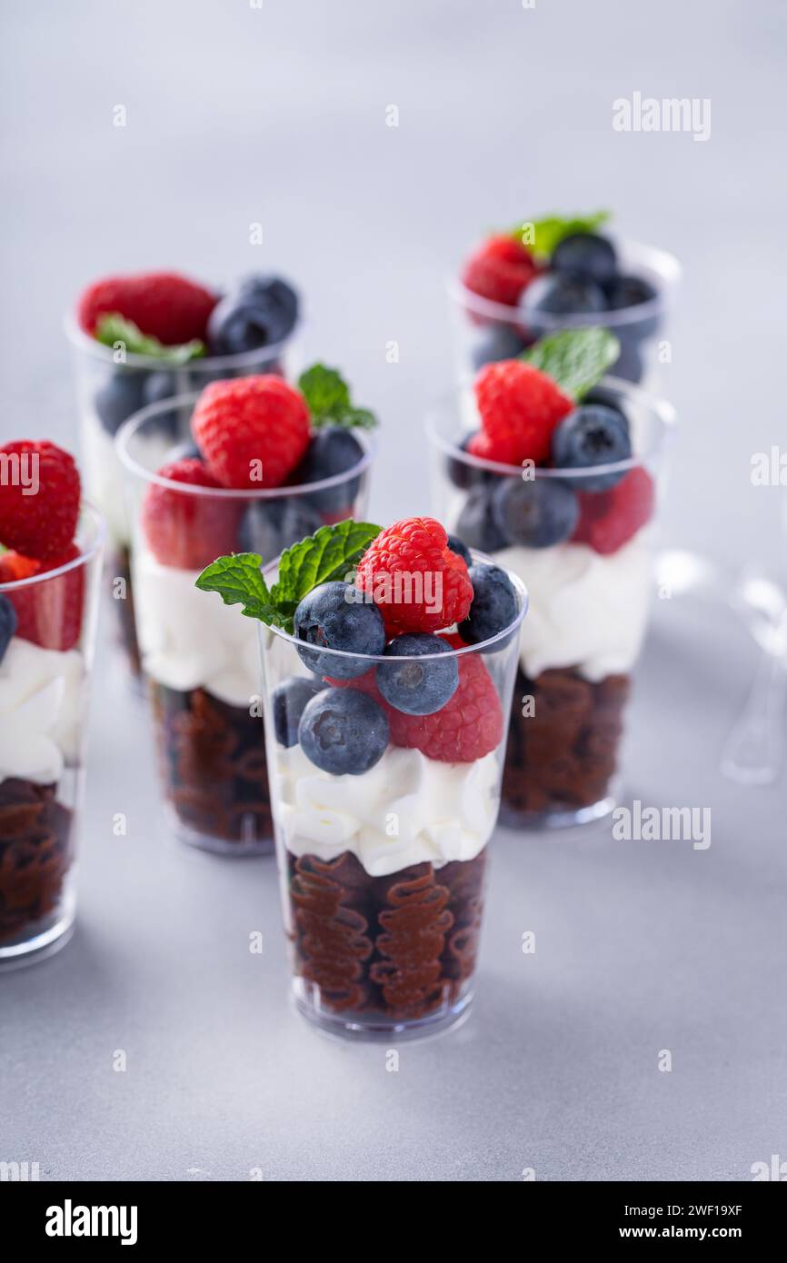 Mousse au chocolat dans des tasses garnie de crème fouettée et de baies fraîches Banque D'Images