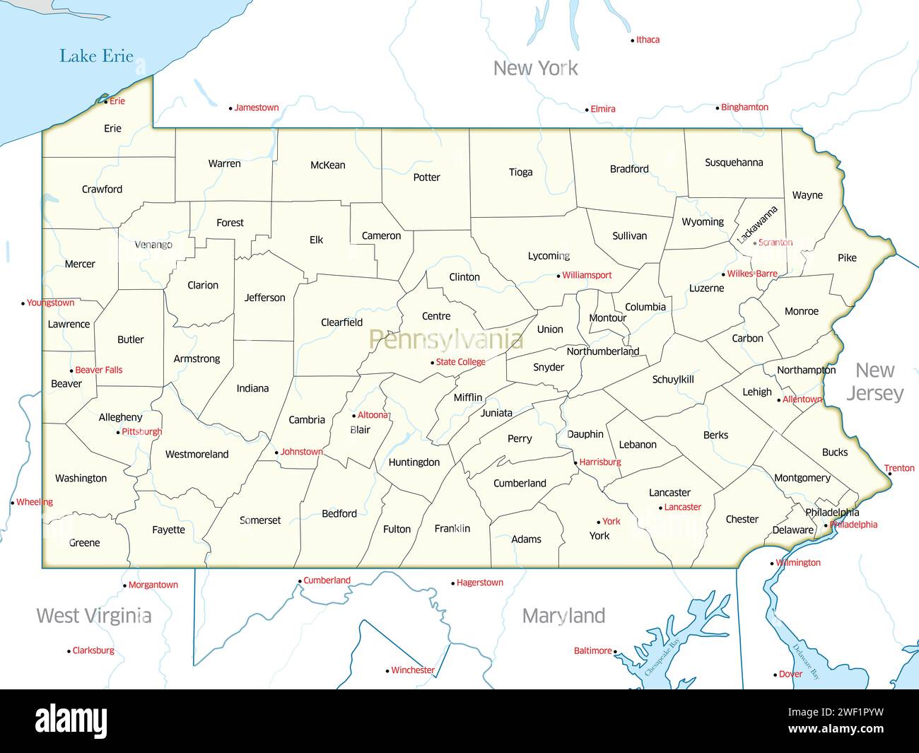 Carte politique montrant les comtés de l'État de Pennsylvanie Banque D'Images