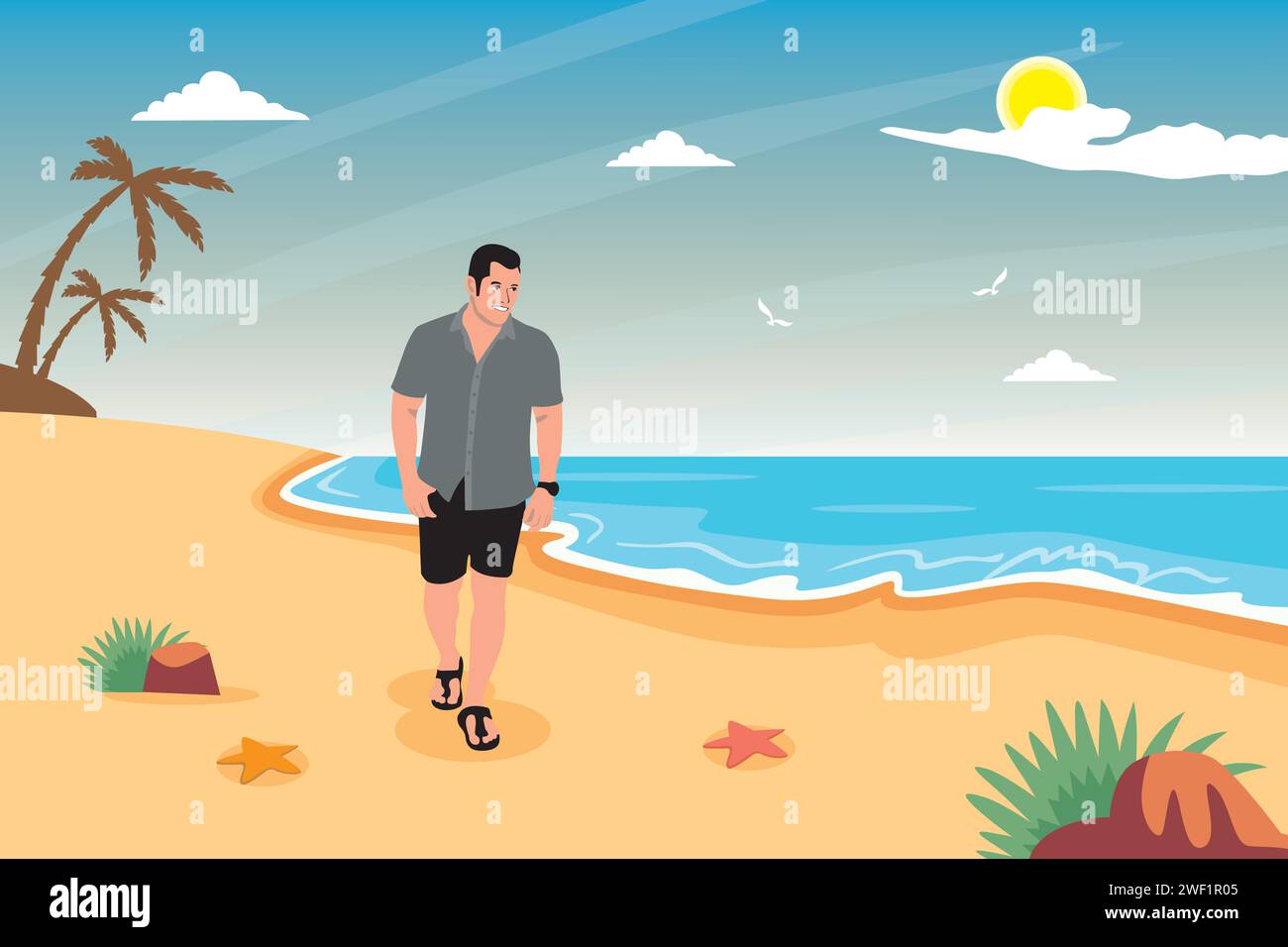 Homme marchant sur la plage. Summertime. Illustration vectorielle dans le style plat Illustration de Vecteur