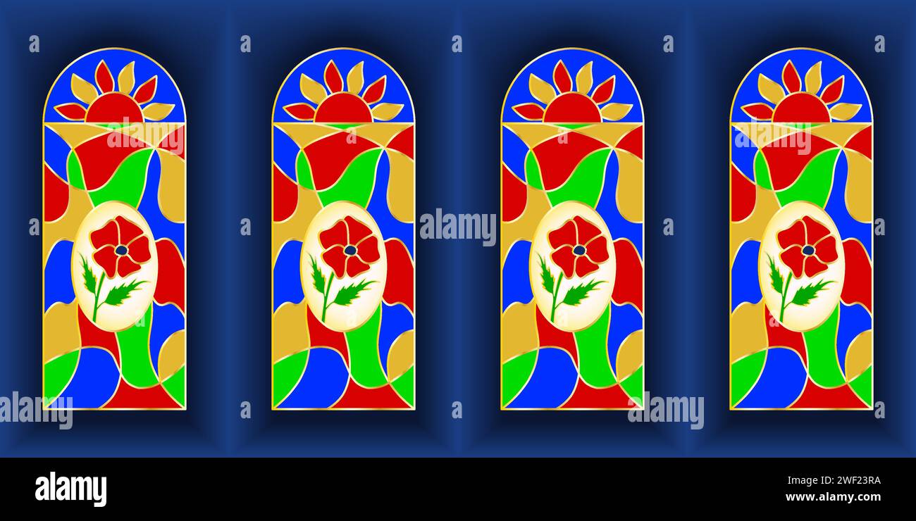 Fenêtre en verre teinté de fleur de coquelicot à motif sans couture. Motif mosaïque multicolore. Illustration vectorielle isolée Illustration de Vecteur