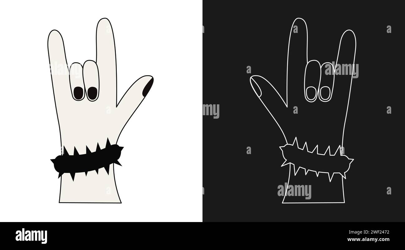 Mouvement rock sur la main. Style dessin animé. Illustration vectorielle de contour isolé Illustration de Vecteur