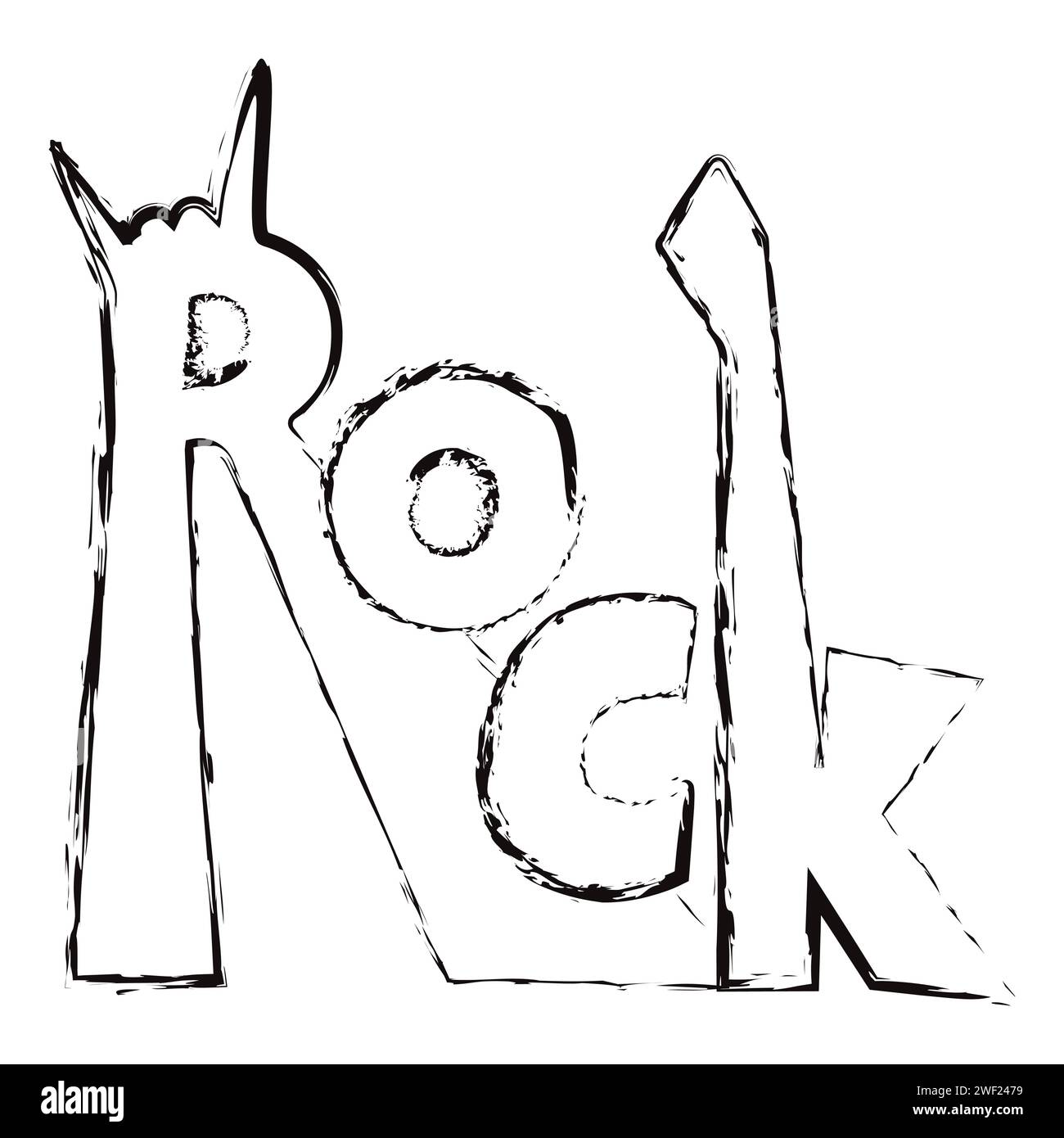 Rock texte écriture craie. Symbole décoratif stylisé imprimable illustration vectorielle de ligne noire isolée sur un fond blanc Illustration de Vecteur